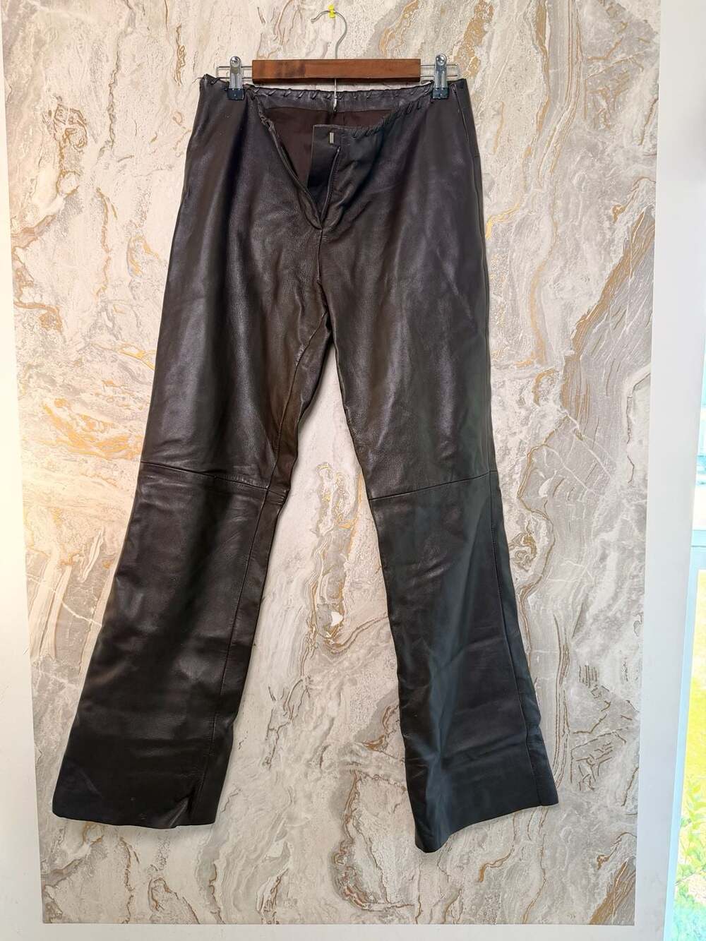 VS2 Women's Brown Leather Bootcut Pants with Braided Waist Detail size 8